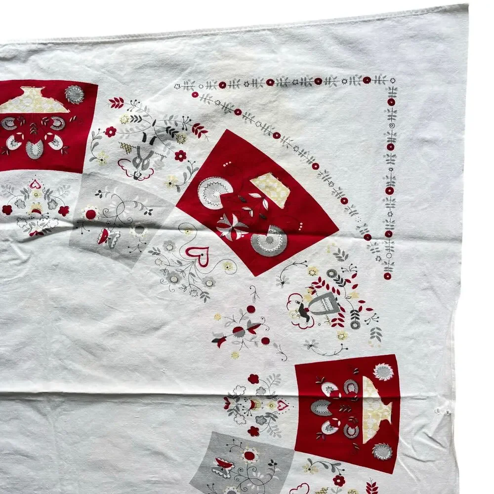 Red & white cotton tablecloth Pennsylvania Dutch motif mid century minor FLAWS